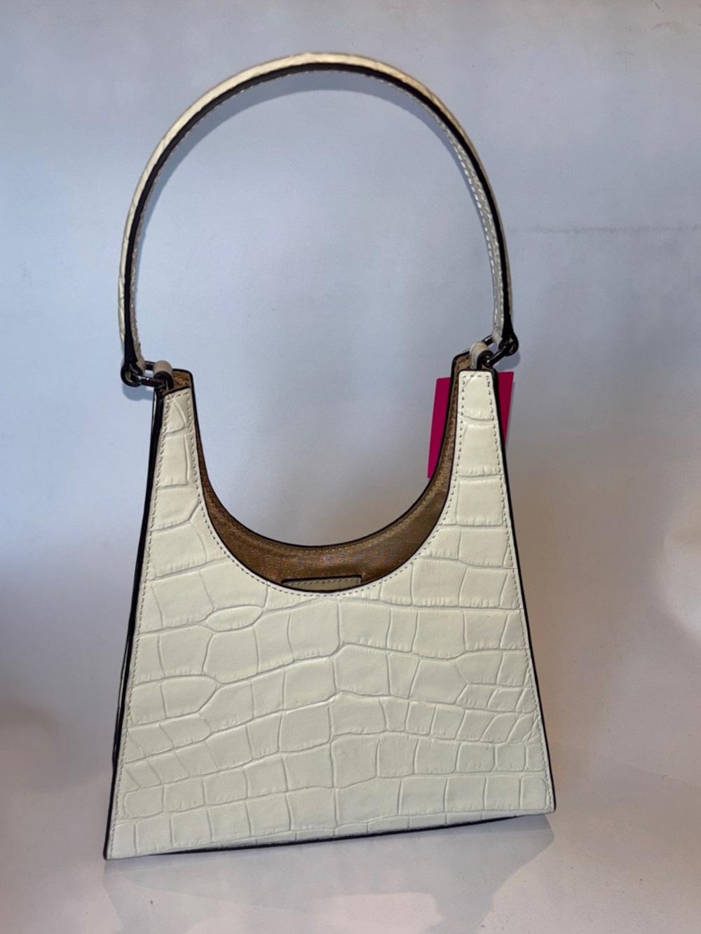STAUD Cream Croc-Embossed Shoulder Bag